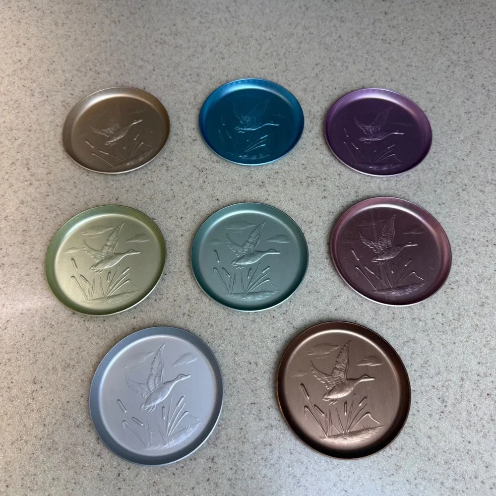 Vintage Anodized Aluminum Coasters Set of 8 Embossed Flying Duck Mallard Pastels